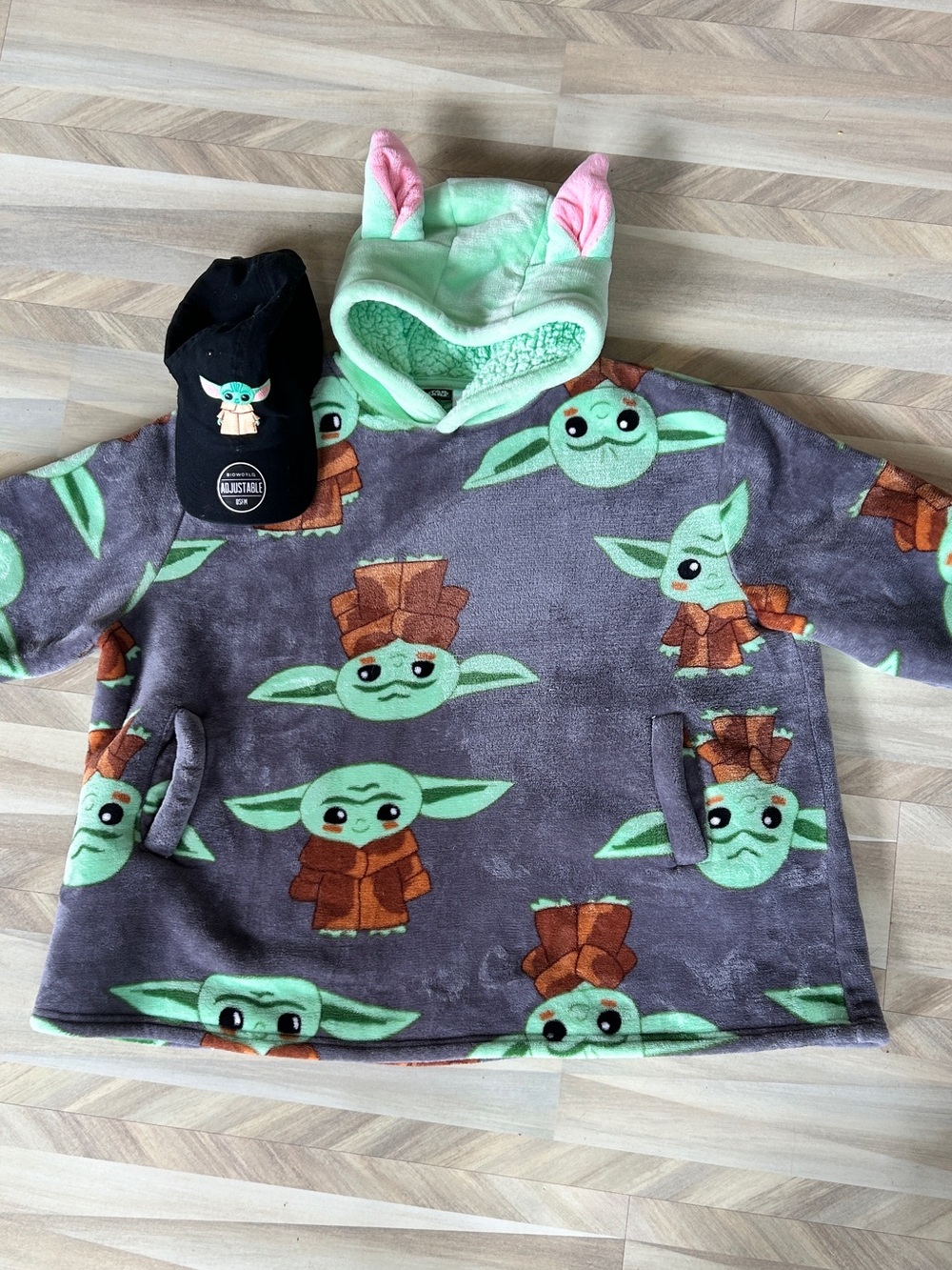 Grogu Plush Hooded Pullover - Green and Gray with matching cap